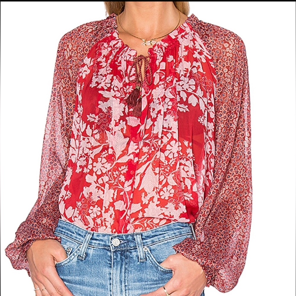 Free People Floral pheasant style Red Balloon sleeve easy fit Women's Top XS
